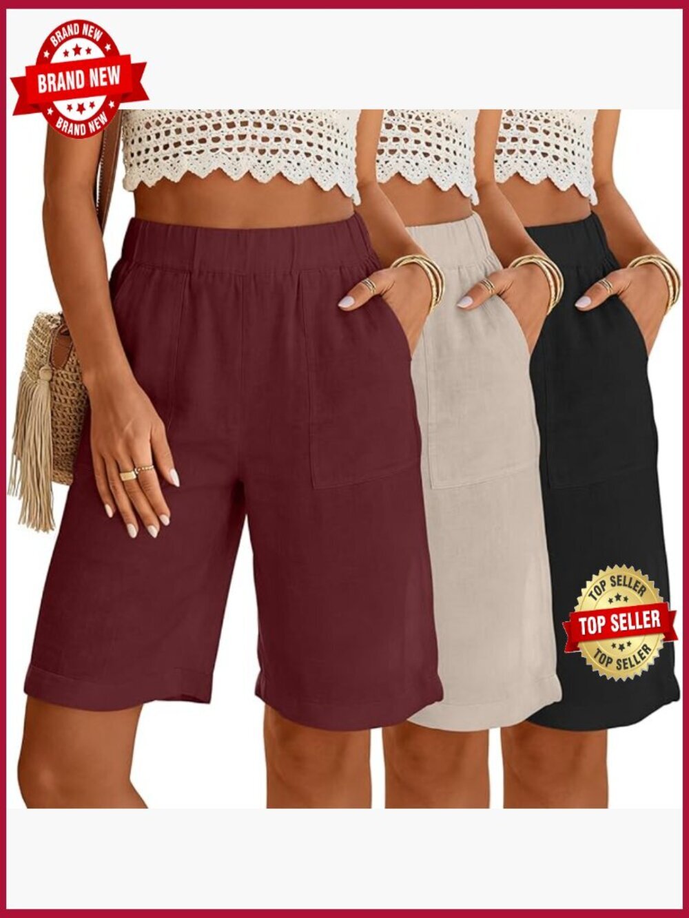 3pk Linen Bermuda Shorts High Waist Casual with Pockets